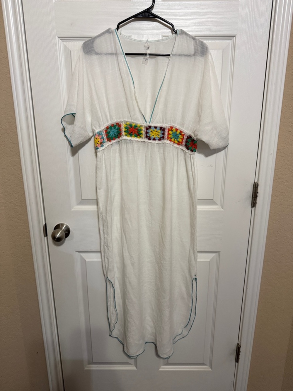 TiniBikini White Swim Coverup with Multicolor Crochet Waistband